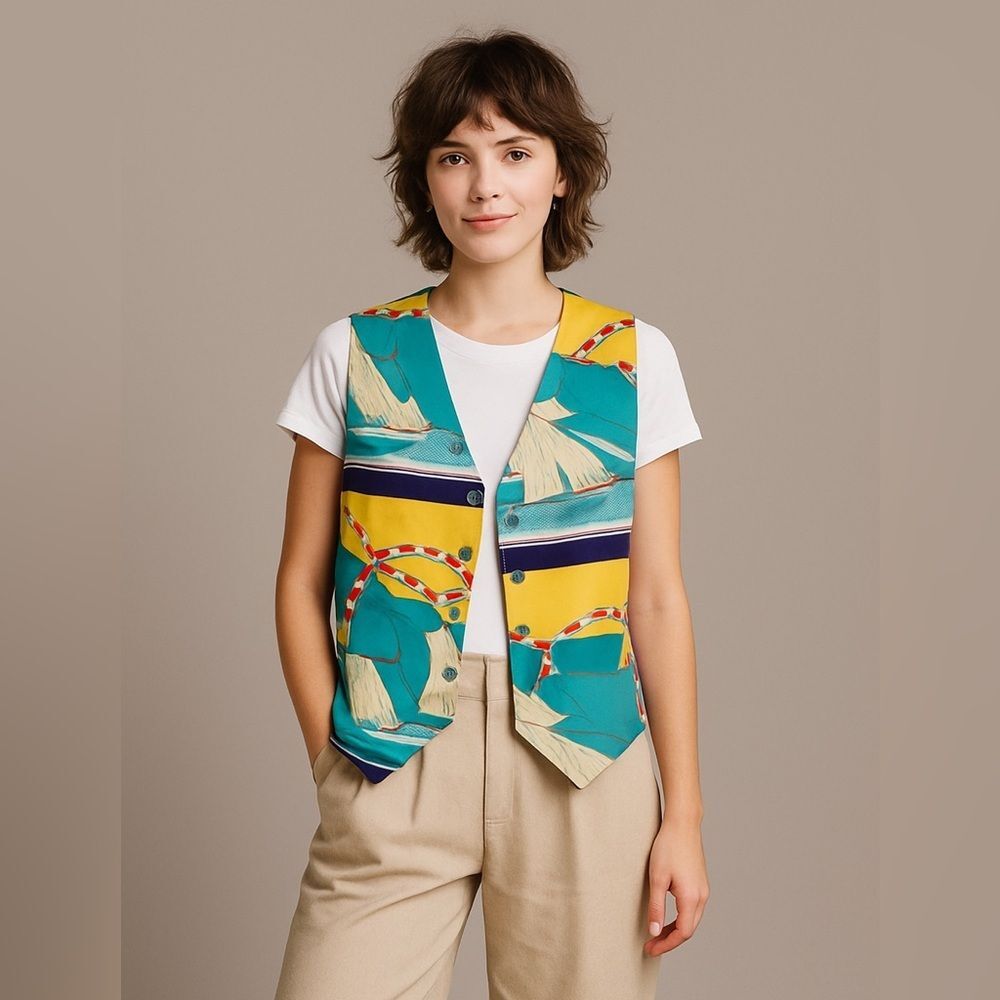 Vintage Silk Vest with Sailboats Nautical Colorful